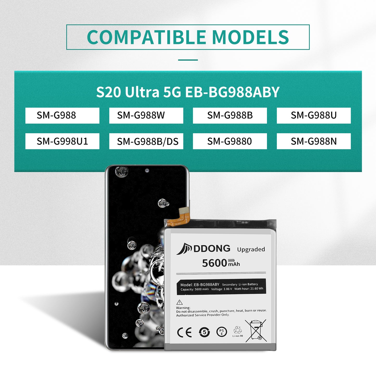 DDONG for Samsung Galaxy S20 Ultra Battery Replacement, Upgraded 5600mAh High Capacity Battery EB-BG988ABY for Galaxy S20 Ultra 5G SM-G988 G988B Replacement with Repair Tool Kits